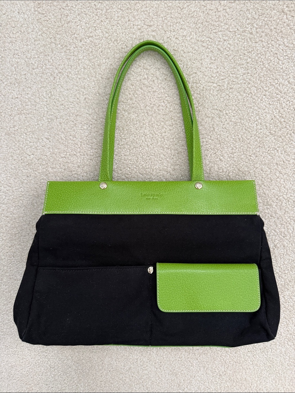 kate spade Black Canvas Tote with Lime Green Leather Trim